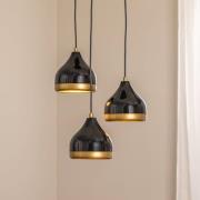 Hengelampe Yildo, 3 lyskilder, svart/gull, rund, Ø37 cm