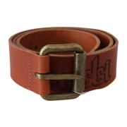 Just Cavalli Brown Leather Logo Bronze Rustic Metal Buckle Belt