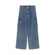 Mid Blue Teksturerte Wide-Leg Jeans