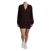 Maroon Ull Strikket Dyp V-hals Cardigan Genser