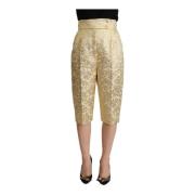 Beige Floral Brocade High Waist Cropped Bukser