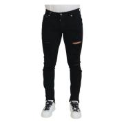 Sort Slim Fit Ripped Denim Bomull Jeans