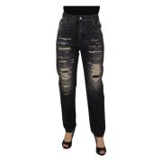 Svarte Vaskede Tattered Høy Midje Denim Jeans