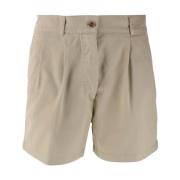 Beige Bomullsshorts med Plissert Front