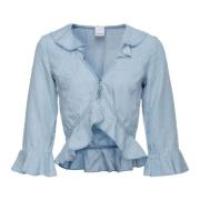 Denim Lyocell Kort Bluse med Rysjer