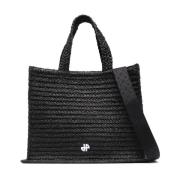 Sort Raffia Toteveske med Logo Applikasjon