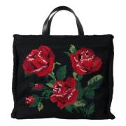 Svart Cashmere Rose Broderi Tote Bag