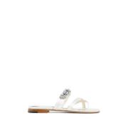 Hvit Rhinestone Blomst Blokkhæl Sandal