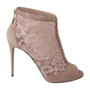 Beige Lace Suede Peep Toe Booties