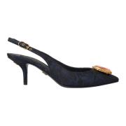 Blå Jacquard Krystall Slingback Hæler