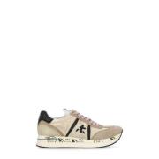 Beige Hvit Skinn Tech Sneakers Kvinne