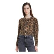 Leopardmønstret Cardigan med Rund Hals