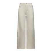 Beige Bomull Twill Wide Leg Bukser