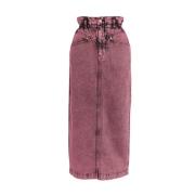 Mauve Denim Midi Skjørt med Elastisk Midje