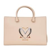 Beige Shopper Bag med Metallisk Logo