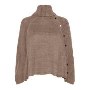 Taupe Gray Strikket Poncho med Knapper