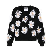 Svart Crew Neck Genser med Logo Patch