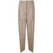 Beige Plissert High-Rise Straight Leg Bukser