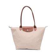 Beige/Brun Fargeblokk Brodert Tote-veske