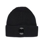 Sort Ribbestrikket Merinoull Beanie for Menn