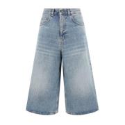 Denim Baggy Shorts med Lær Patch