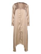 Vmemma Ls Long Satin Button Dress Wvn Knelang Kjole Beige Vero Moda