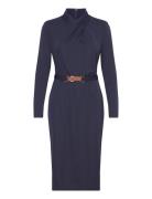 Belted Mockneck Jersey Dress Knelang Kjole Navy Lauren Ralph Lauren