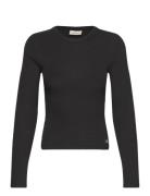 Woven Label Rib Long Sleeve Tops T-shirts & Tops Long-sleeved Black Ca...