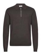 Ecovero L/S Zip Polo Tops Knitwear Long Sleeve Knitted Polos Brown Lin...