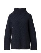 Emma Wool Blend Cable Knitted Roll Neck Tops Knitwear Turtleneck Navy ...